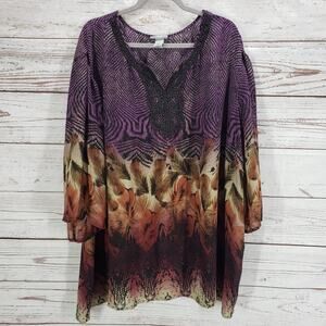 Catherines Women's Purple Feather Mixed Print Top Blouse Size 3X-26/28W